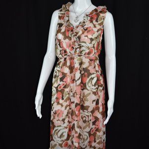 Two Hearts Maternity XL Knee Length Coral, Ivory, & Green Ruffled V-Neck Dress